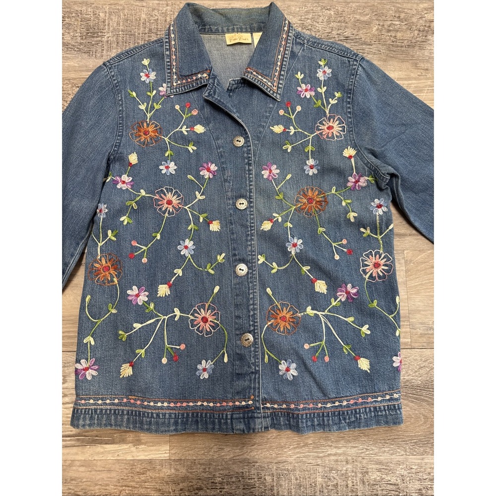 VTG Bobbie Brooks Floral Embroidered Cottagecore Denim Button Up Shirt Jacket S - Picture 2 of 5